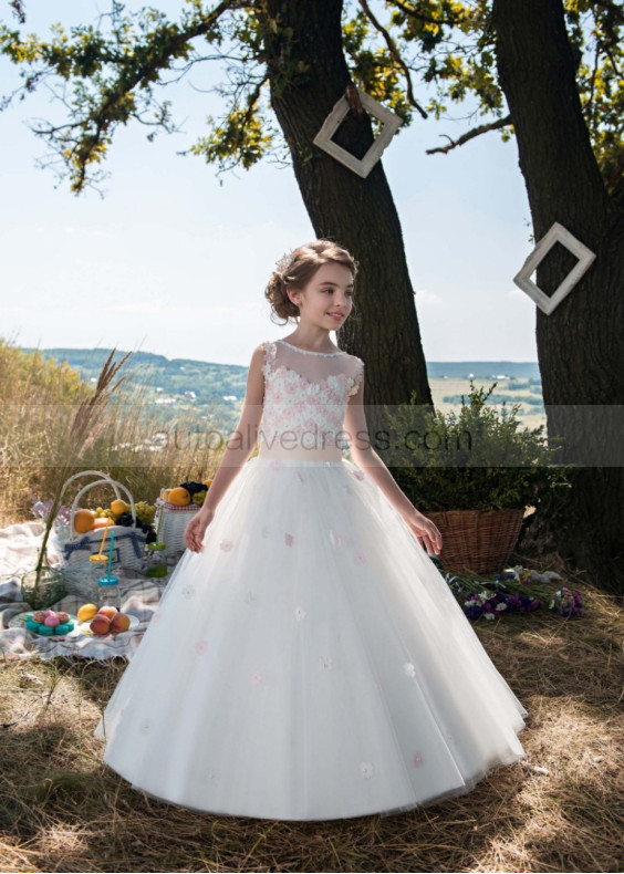 Beaded 3D Flowers Tulle Keyhole Back Fairytale Flower Girl Dress